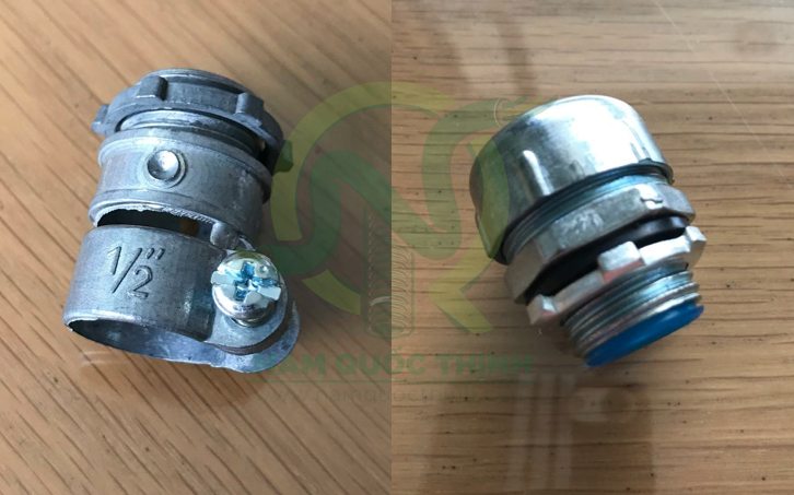 đầu nối ống ruột gà kín nước và đầu nối ống ruột gà dạng kẹp nhôm.